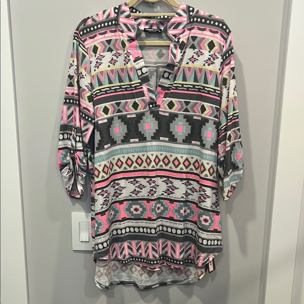 HEIMISH USA Tunic Top in Vibrant Pink with Tribal Print